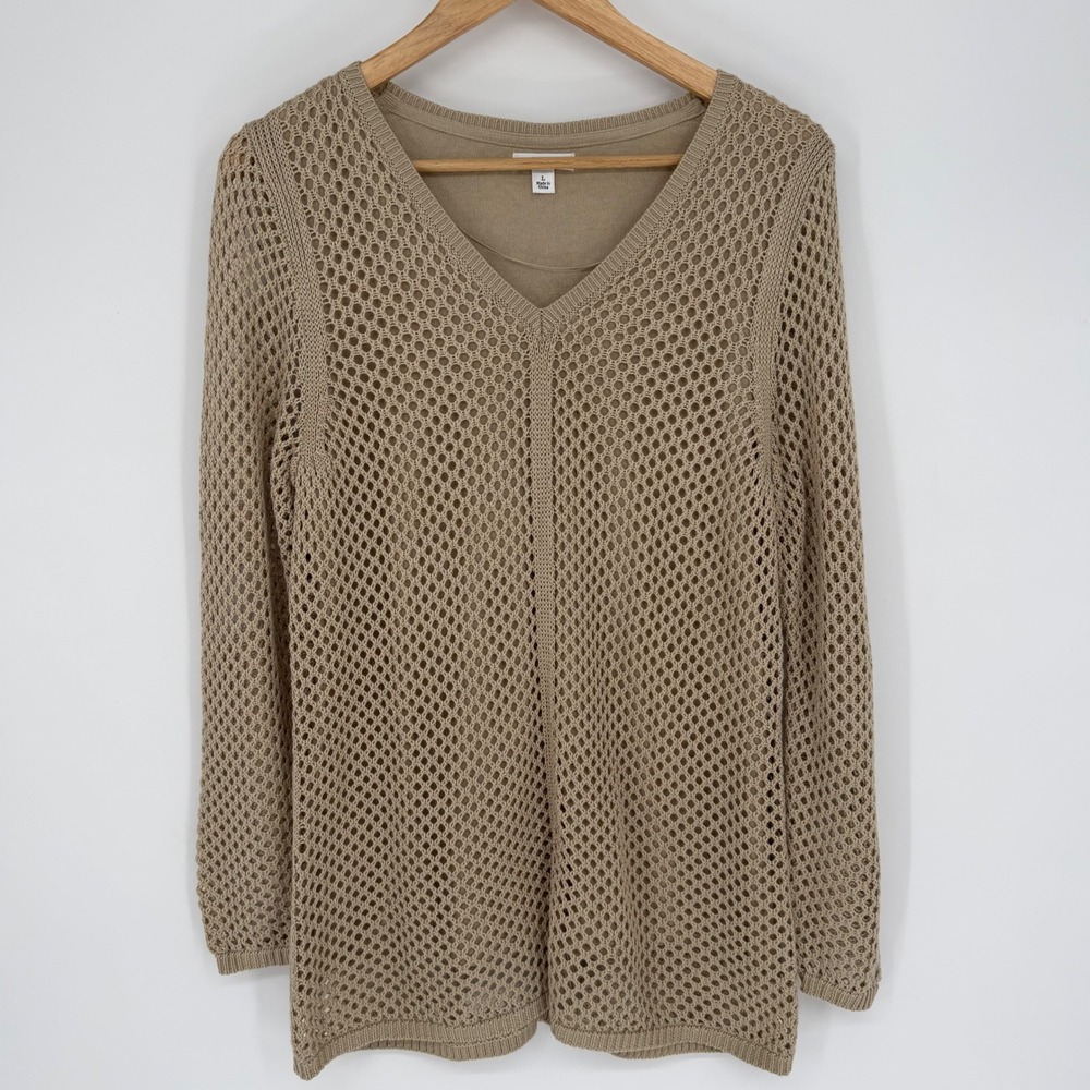 Croft & Barrow Sweater Women's Large Tan Beige Crochet Open Knit V-Neck Lined